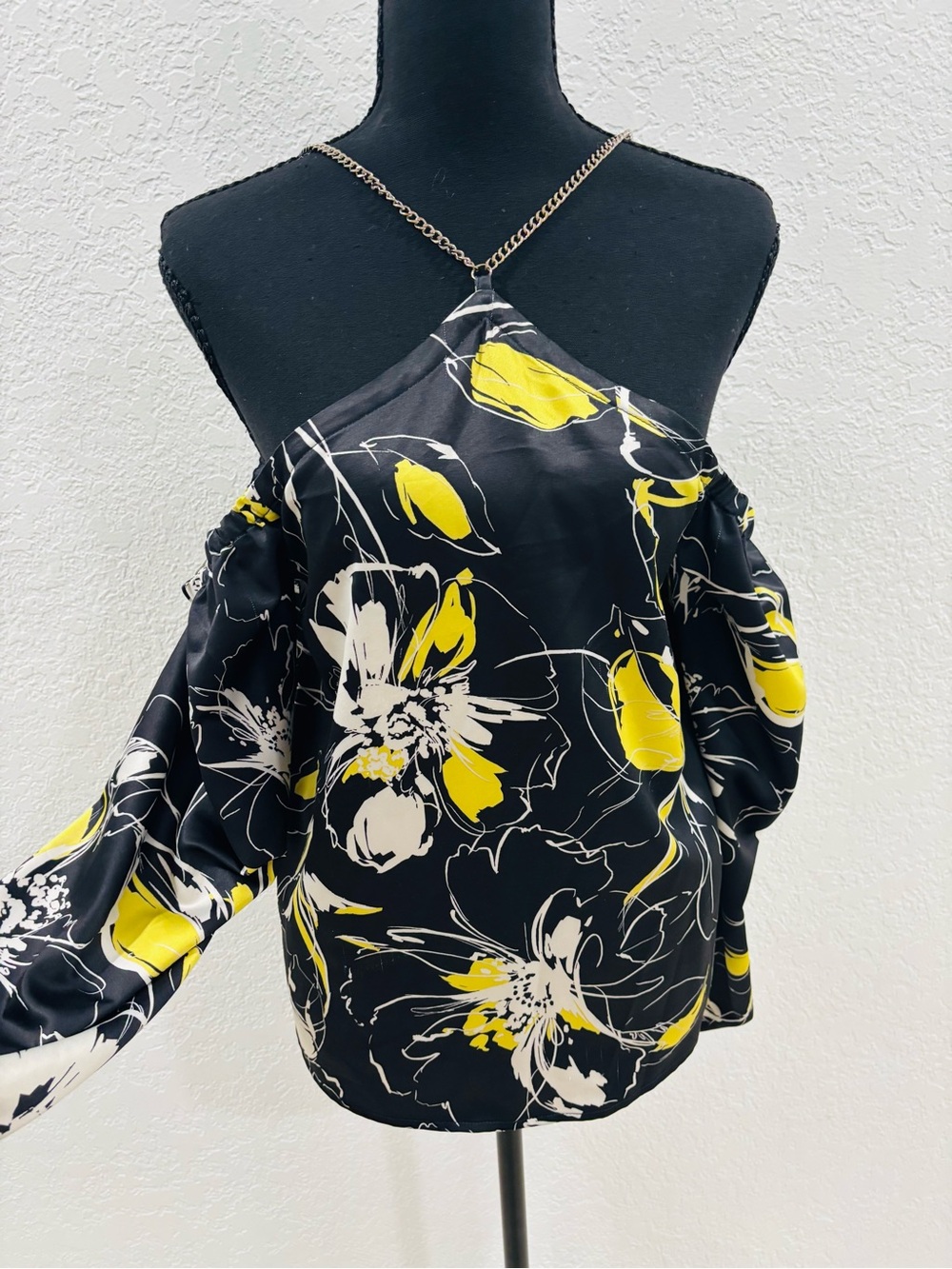 Thalia Sodi Black Floral Cold-Shoulder Halter Top with Yellow Accents